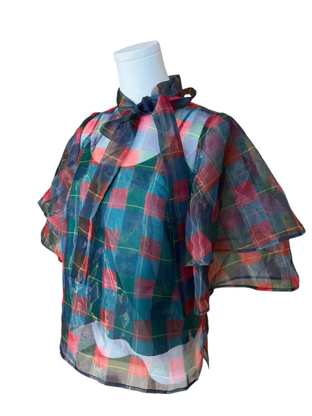 Alden Adair NWT Plaid Organza Bow Tie Blouse Top | Size M